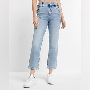 Express High Waisted Light Wash Side Button Straight Ankle Jeans